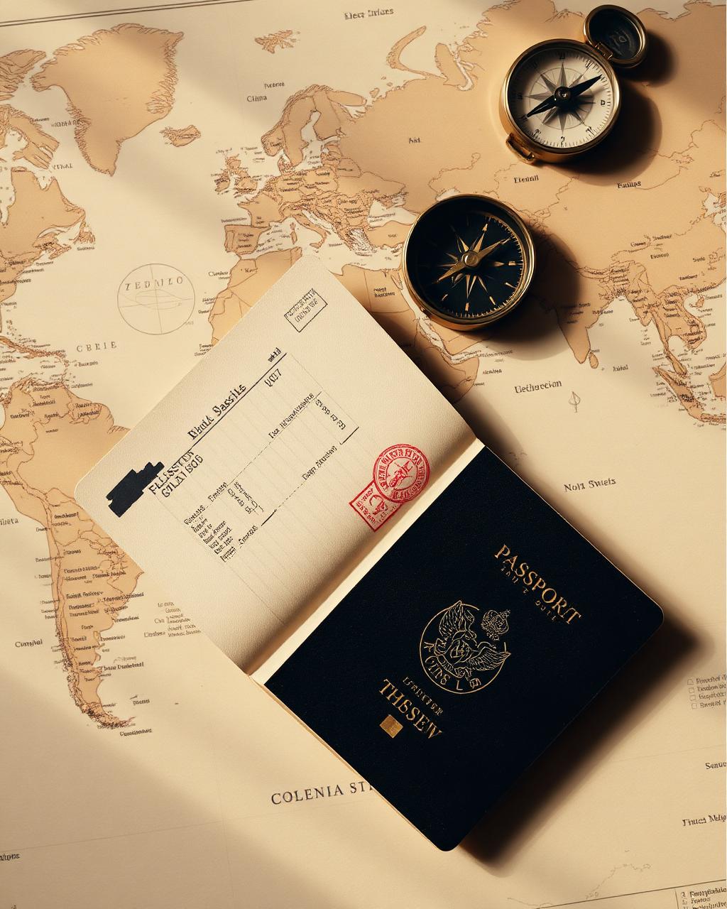 Passaporte aberto com carimbos sobre mapa-múndi e bússola