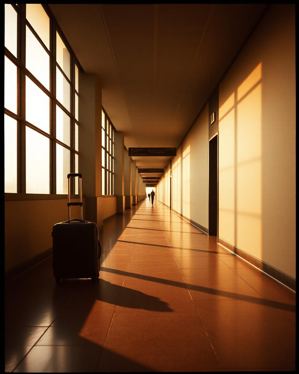 Mala única em corredor vazio de aeroporto ao amanhecer