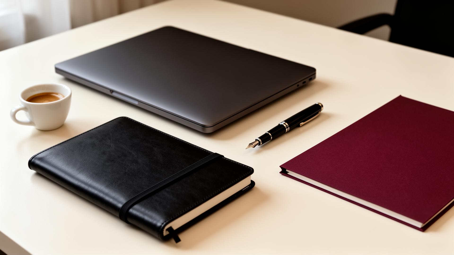 Mesa organizada com laptop fechado, caderno e caneta
