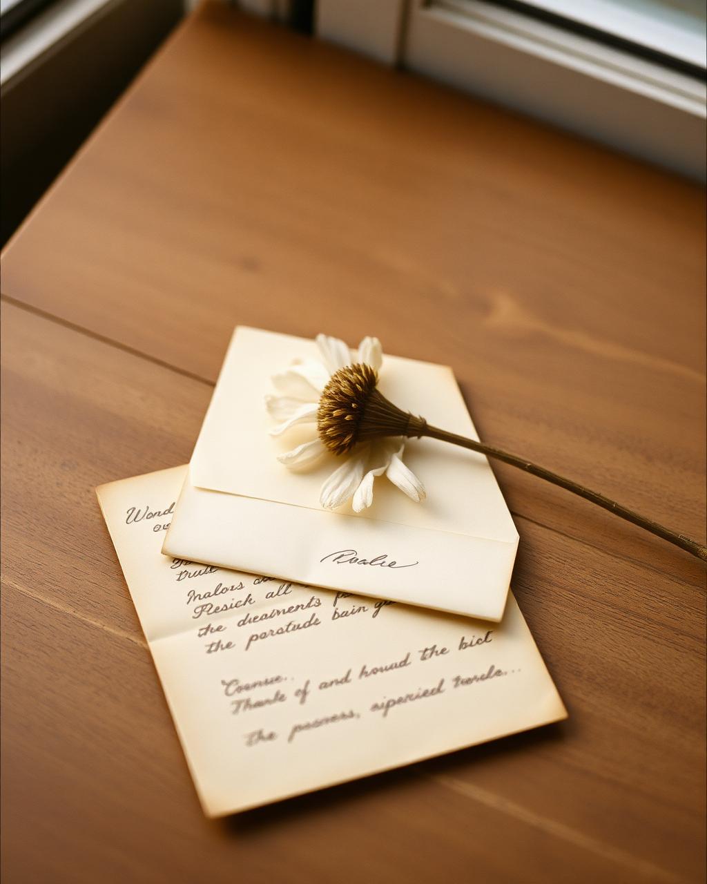 Flor seca sobre uma carta manuscrita dobrada