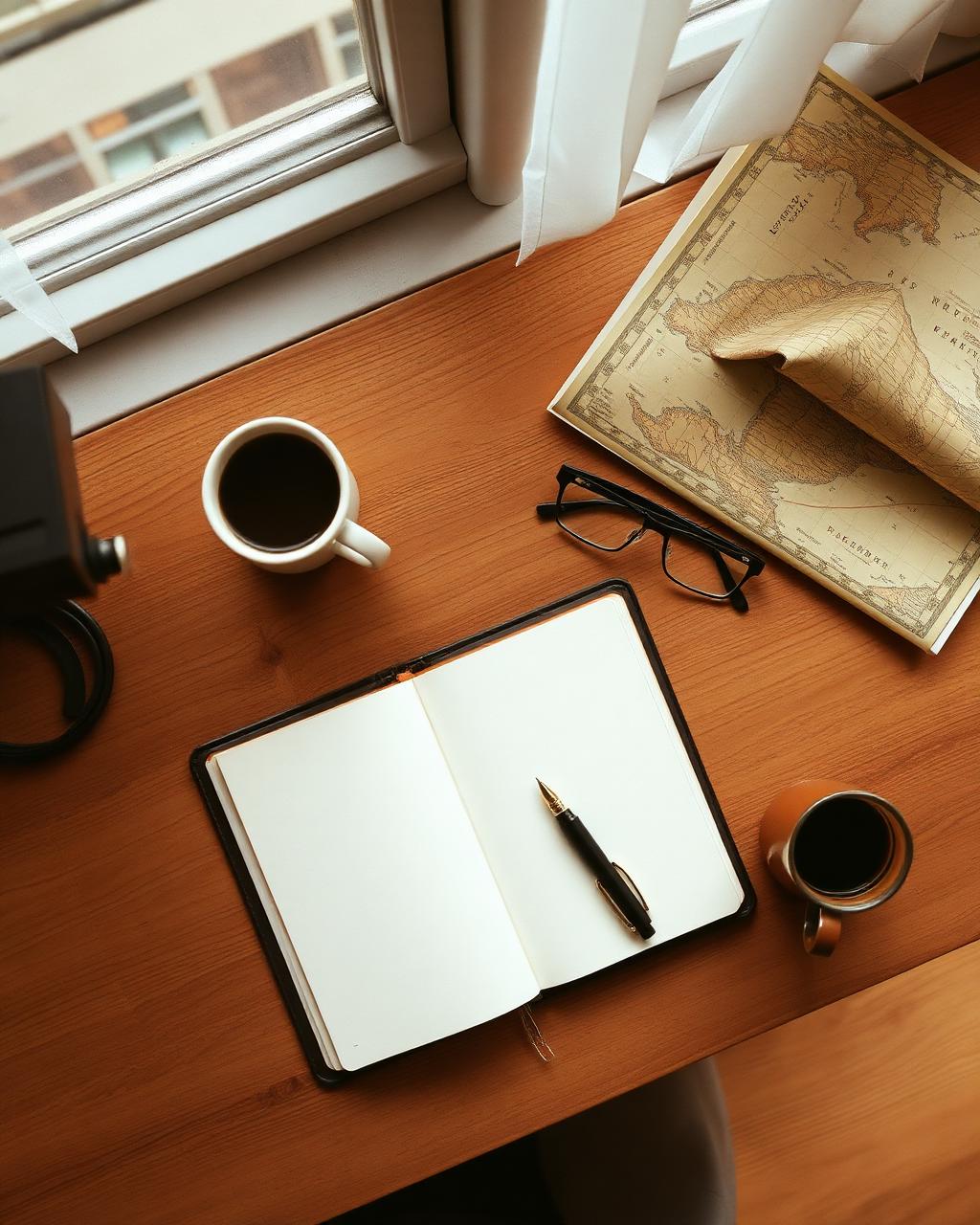Mesa de escritório com caderno aberto, caneta tinteiro, mapa e óculos