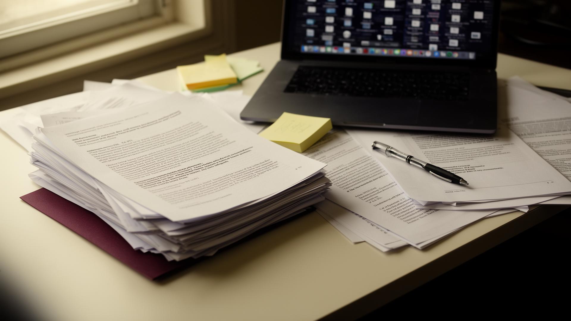 Mesa de advogado coberta de PDFs impressos e notas