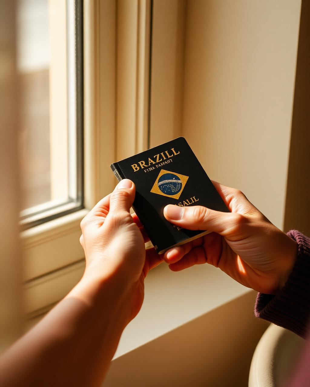 Mãos segurando passaporte brasileiro junto a uma janela