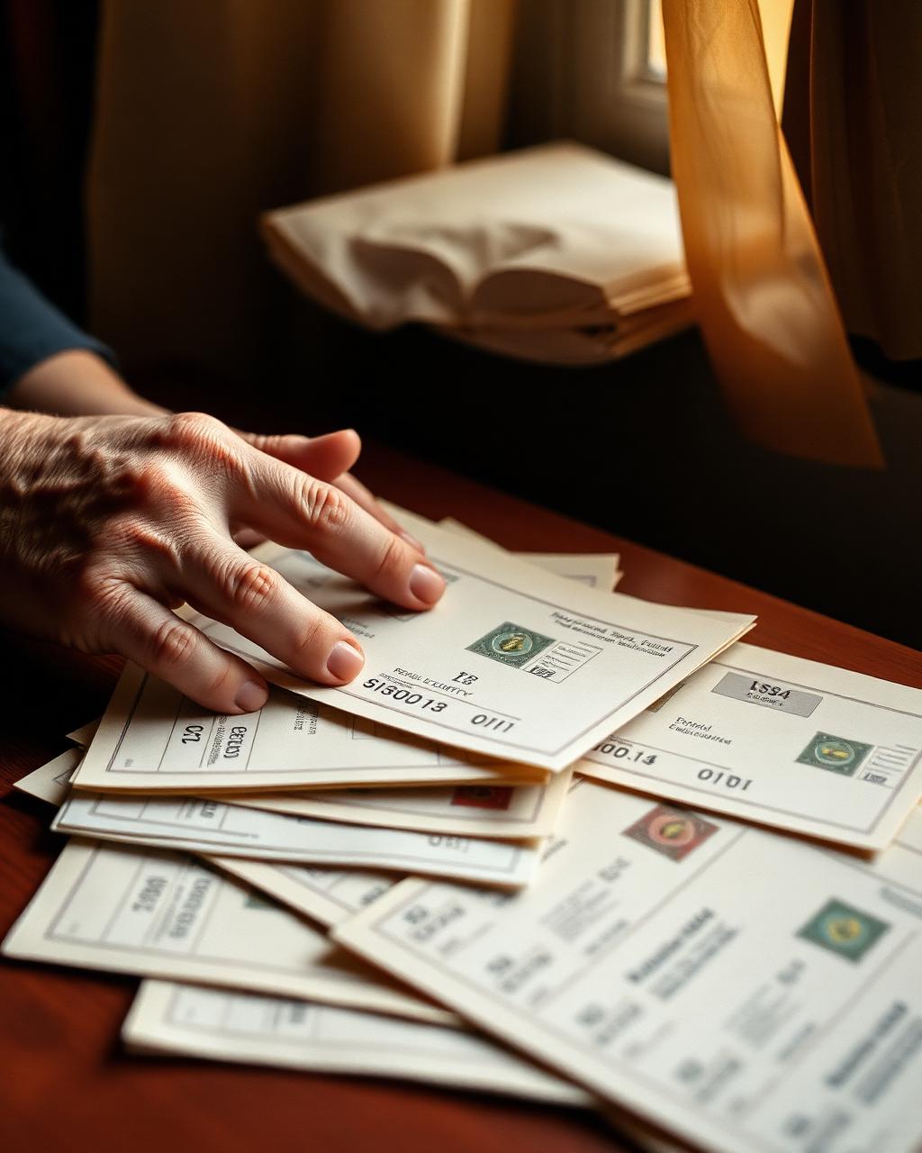 Documentos previdenciários brasileiros e europeus organizados sobre mesa de madeira